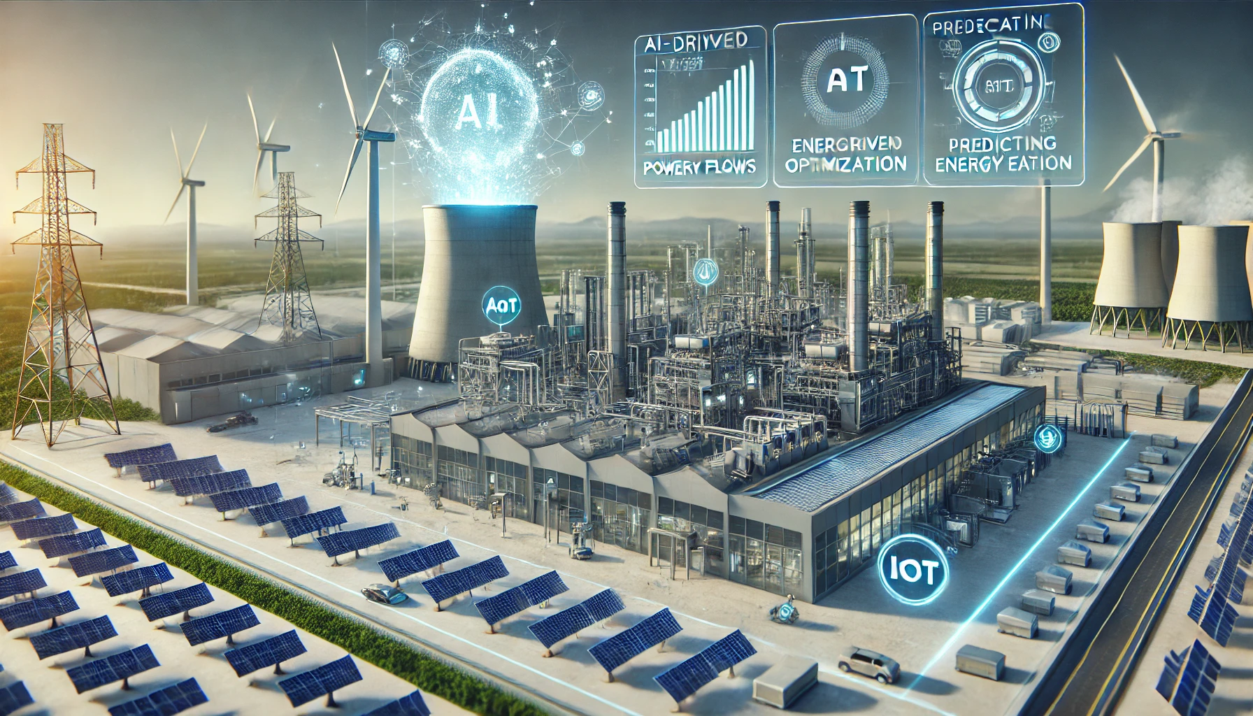 a modern industrial facility with solar panels and wind turbines in the background.