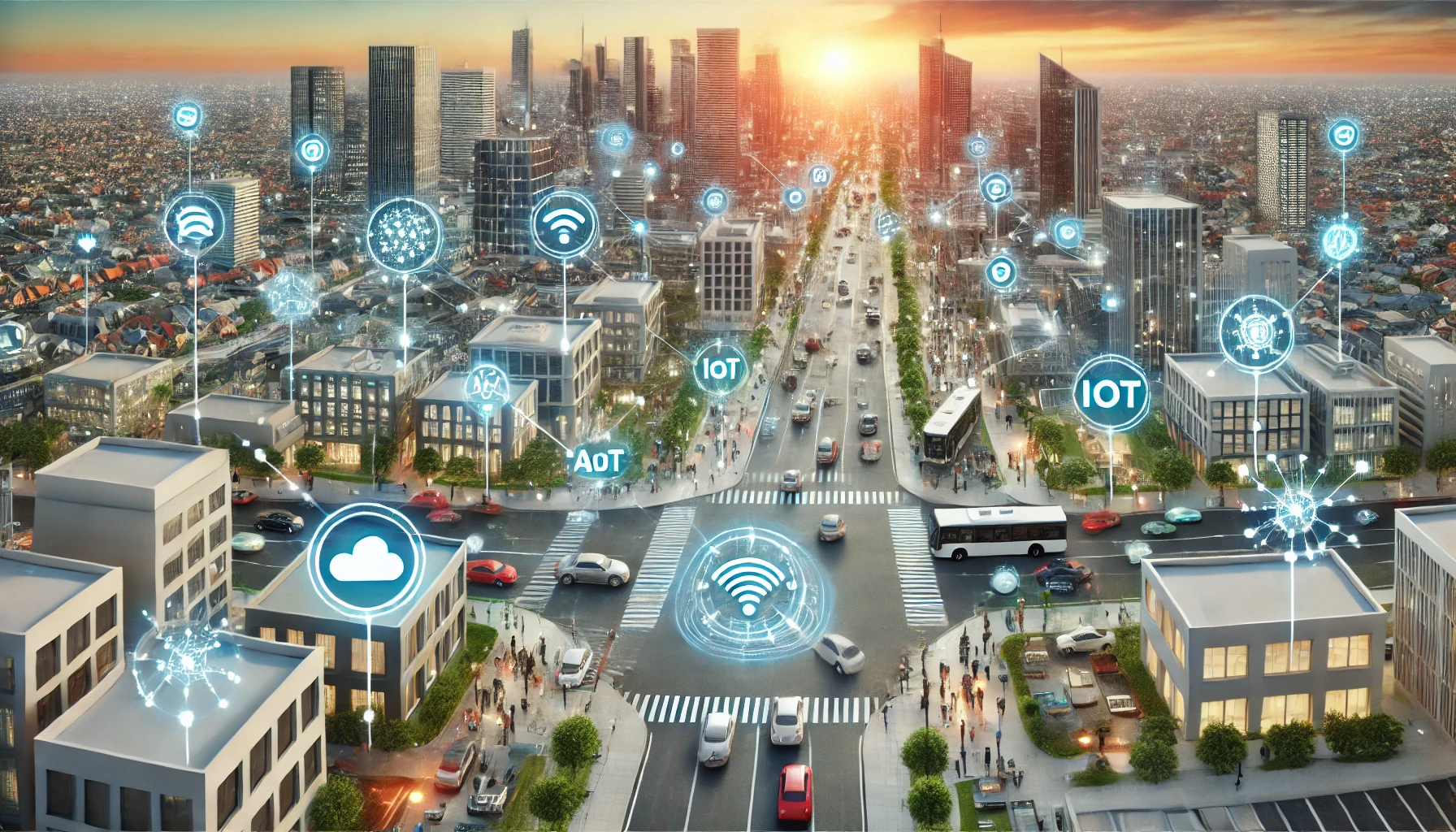 Here's the conceptual visualization of a smart city with advanced AI and IoT integration. This image showcases intelligent transportation systems, smart buildings using IoT for energy management, and public areas monitored by AI-based surveillance systems in a bustling urban environment.