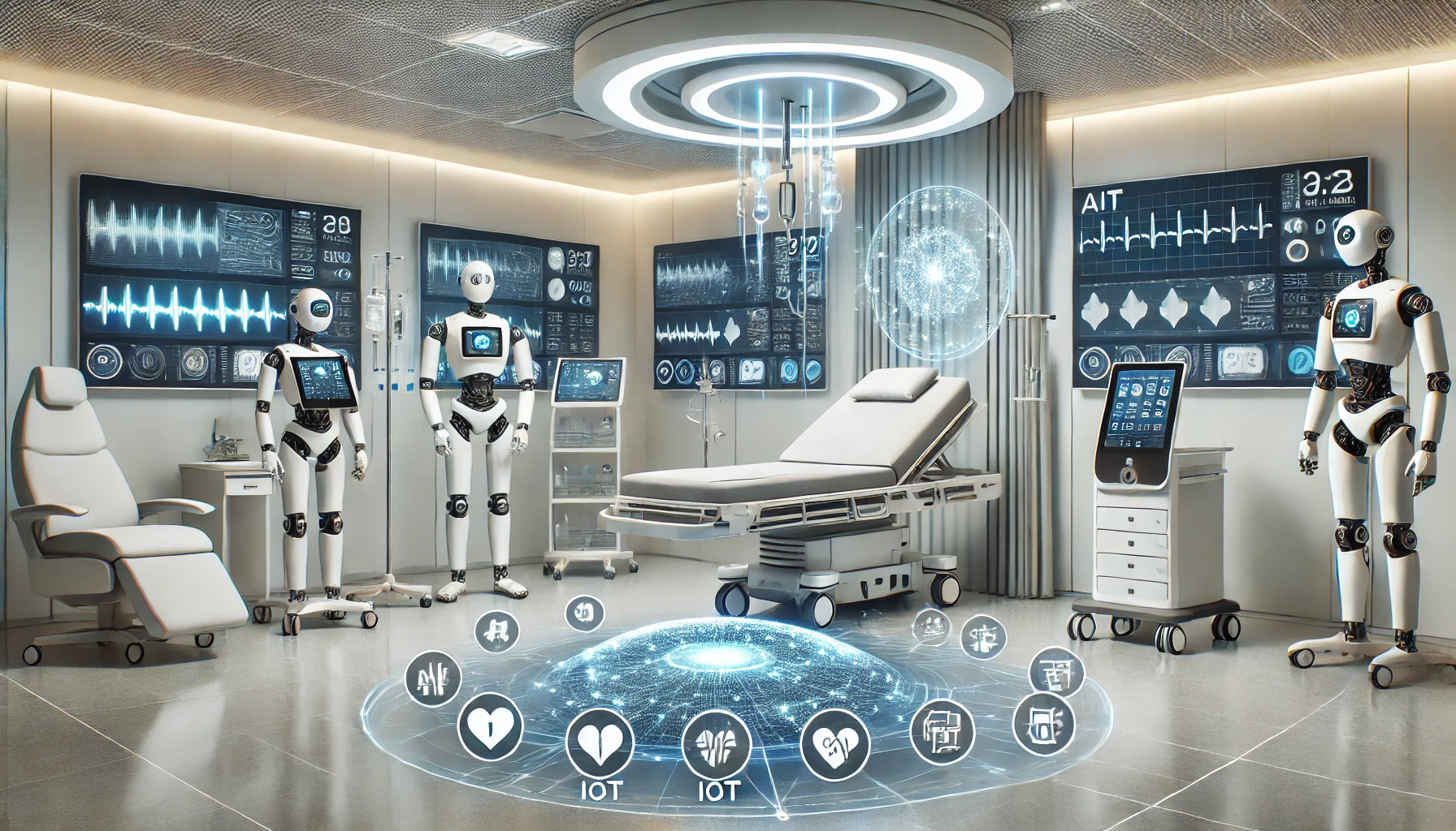 A futuristic healthcare facility showcasing AI and IoT integration in a medical setting. You can view the advanced technologies and robotic assistants highlighted in the scene.
