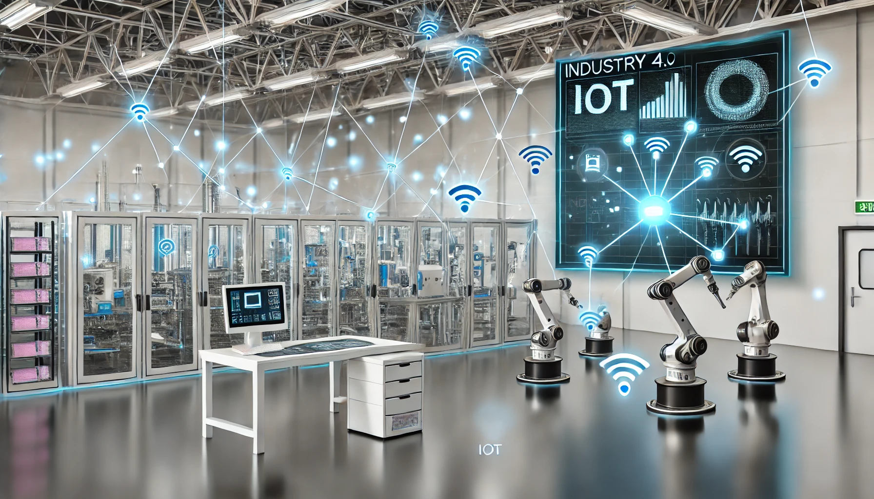 A modern industrial setting illustrating the concept of Industry 4.0, featuring advanced AI-driven IoT technologies.