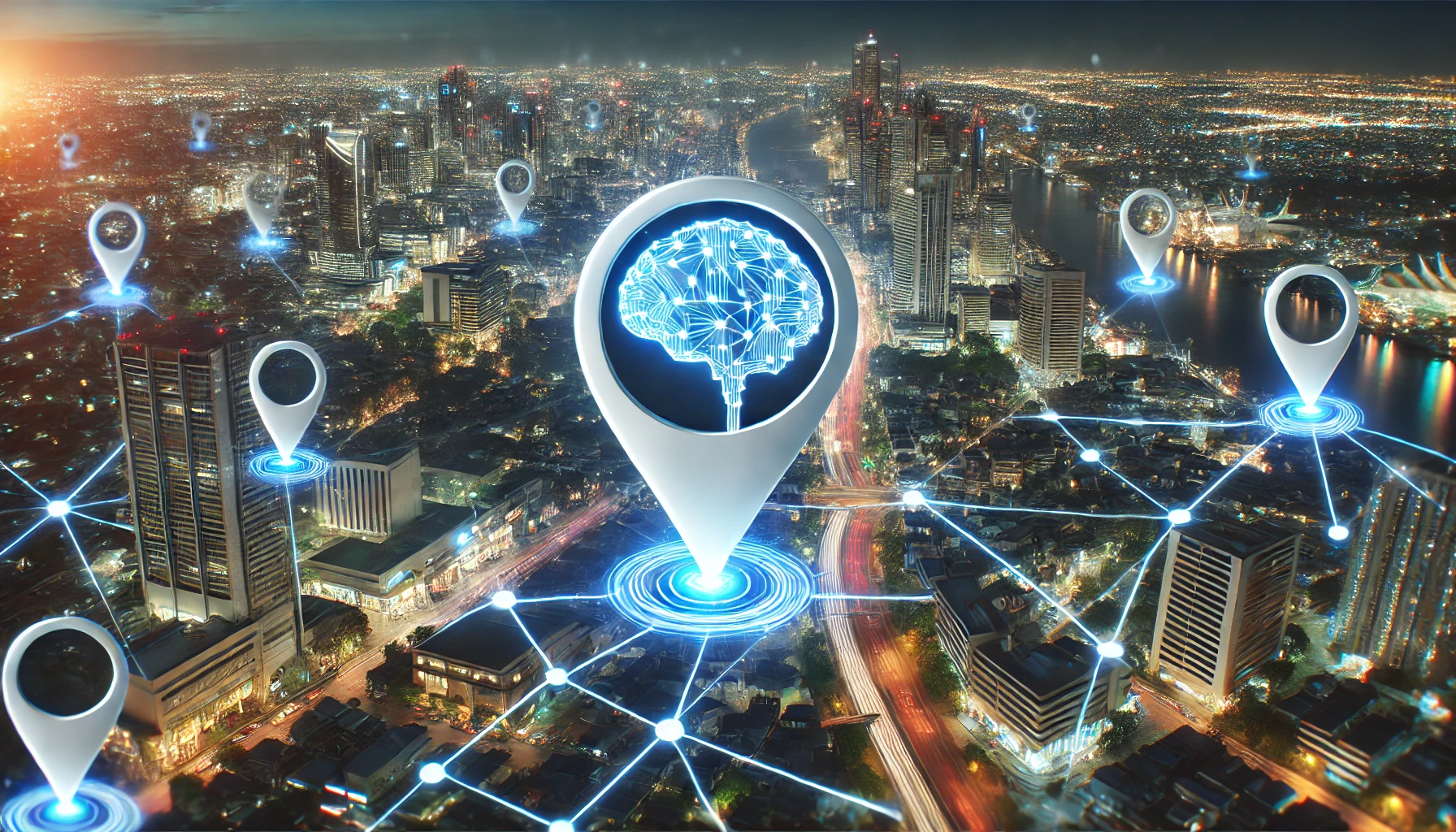 A cityscape with glowing location pins and a network of interconnected lines representing GPS data. In the foreground, a holographic representation of an AI brain with circuitry overlays the scene, illustrating the integration of AI technology in tracking.