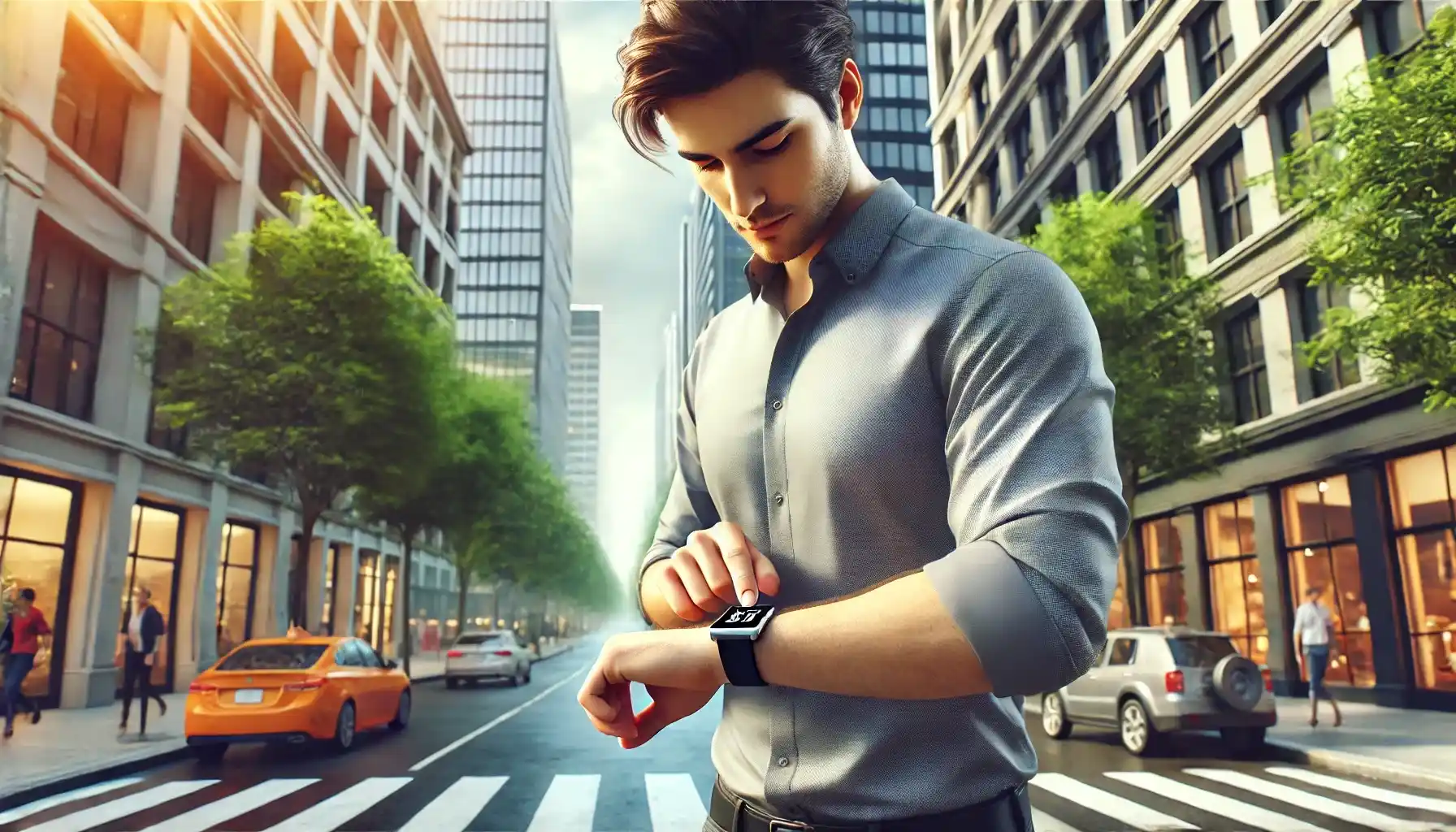 A man is walking down a city street, looking attentively at his smartwatch while tracking his activity. 