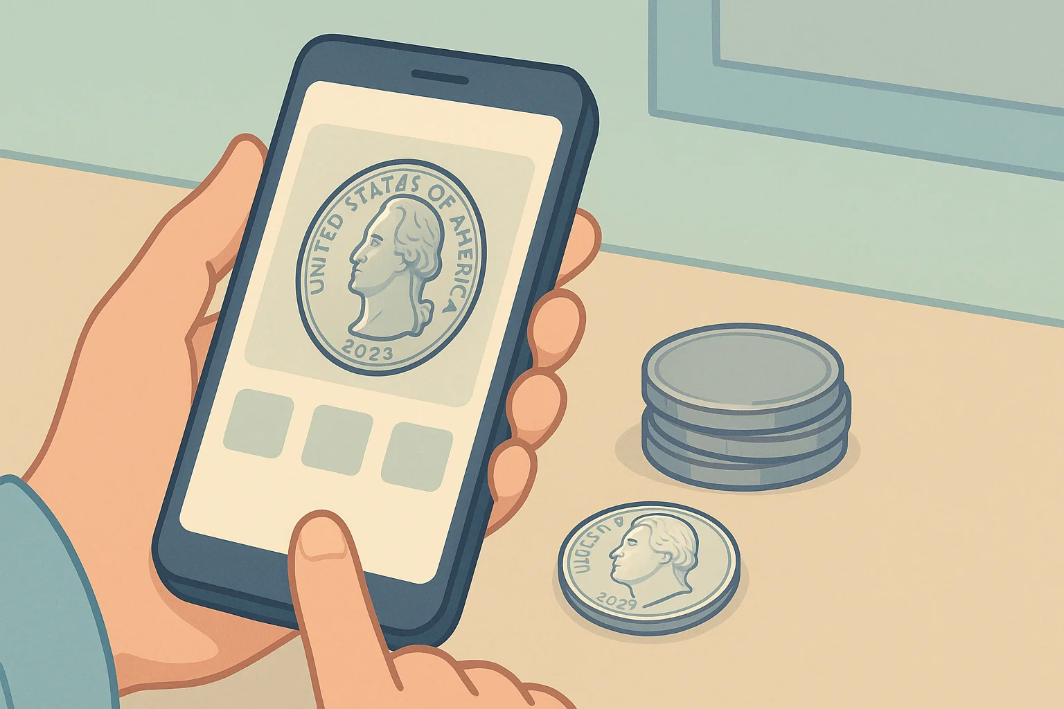 A collector checks a 2023 quarter’s value via Coin ID Scanner.