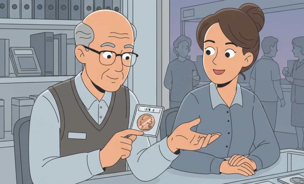 A coin shop appraisal scene where an expert places a 1979 quarter into a grading holder